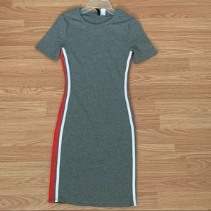 tight gray , red & white lined dress